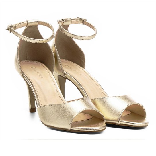 Sandália Couro Shoestock Salto Fino Naked Tornozeleira Feminina - Dourado