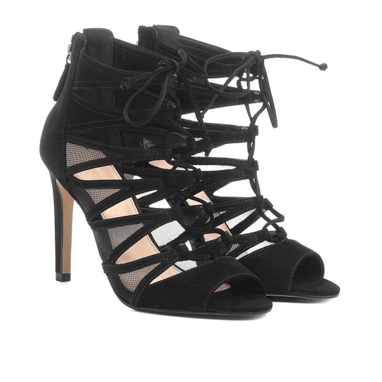 Sandália Couro Shoestock Salto Fino Tela Feminina - Preto