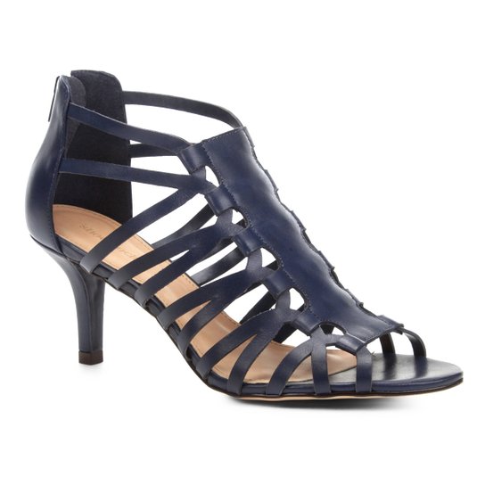 Sandália Couro Shoestock Salto Fino Transpassada Feminina - Azul