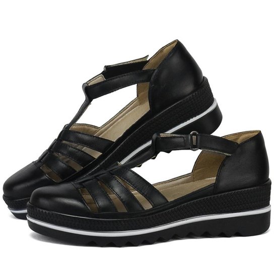 Sandália Plataforma em Couro SapatoFran com Velcro Feminina - Preto