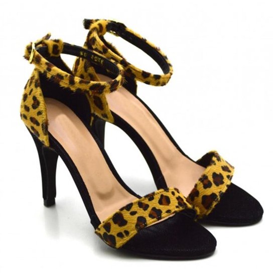 Sandalia Salto Fino Animal Print Feminina - Preto