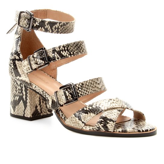 Sandália Shoestock Salto Bloco Snake Feminina - Bege