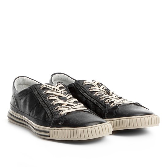 Sapatênis Couro Shoestock Listras Masculino - Preto