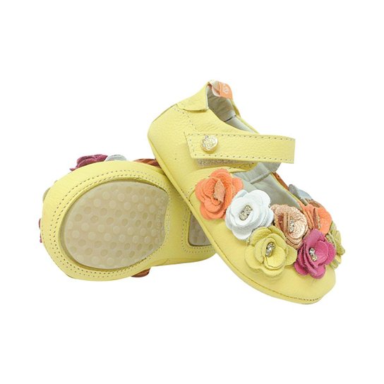 Sapatilha Bebê Mogly com Flores em Couro - Amarelo