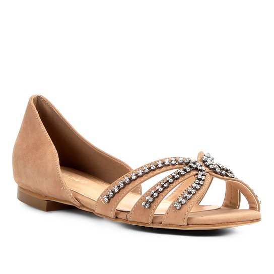 Sapatilha Couro Shoestock Aberta Strass Feminina - Nude