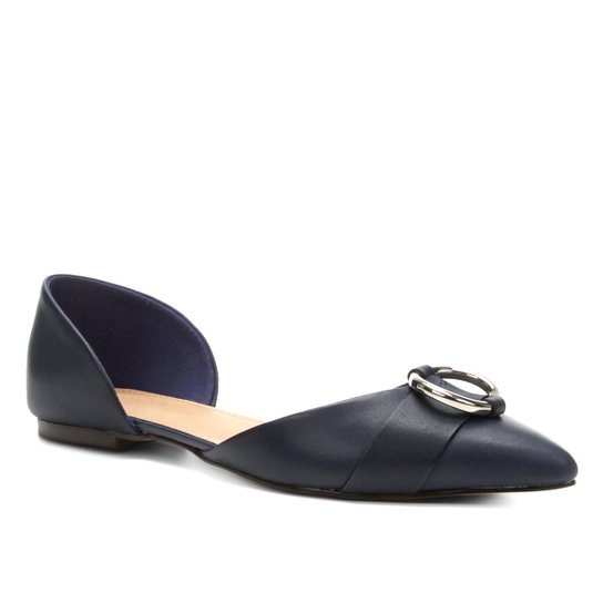 Sapatilha Couro Shoestock Bico Fino Argola Feminina - Marinho