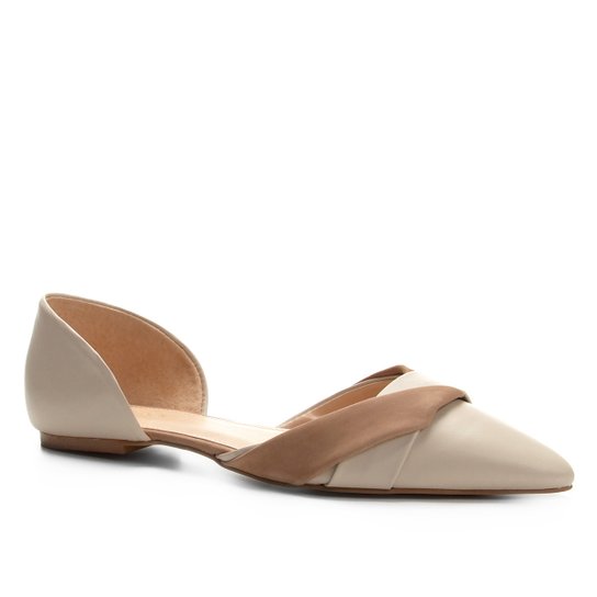 Sapatilha Couro Shoestock Bico Fino Bicolor Feminina - Nude