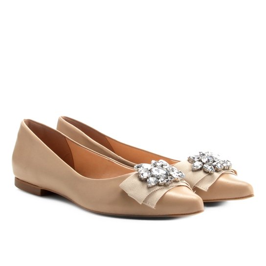Sapatilha Couro Shoestock Bico Fino Cristal Feminina - Nude