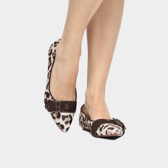 Sapatilha Couro Shoestock Bico Fino Fivela Ilhoses Pelo Feminina - Onça