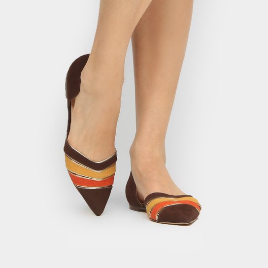 Sapatilha Couro Shoestock Bico Fino Multicor Feminina - Marrom