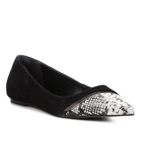 Sapatilha Couro Shoestock Bico Fino Tela Snake Feminina - Preto