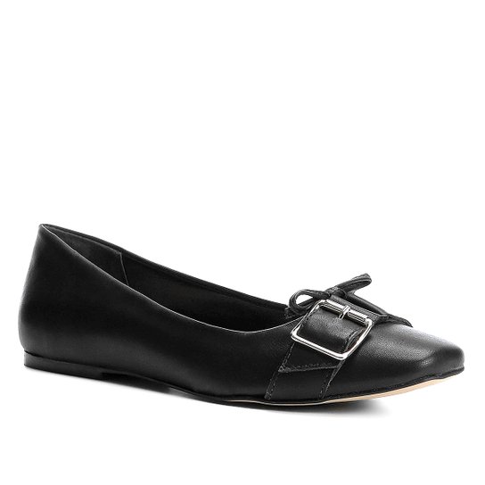 Sapatilha Couro Shoestock Bico Quadrado Fivelas Feminina - Preto