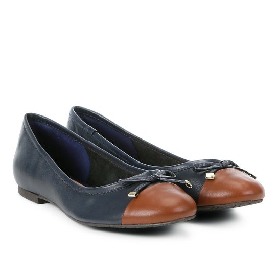 Sapatilha Couro Shoestock Bico Redondo Laço Feminina - Marinho