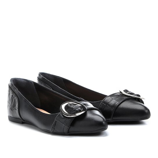 Sapatilha Couro Shoestock Croco Feminina - Preto