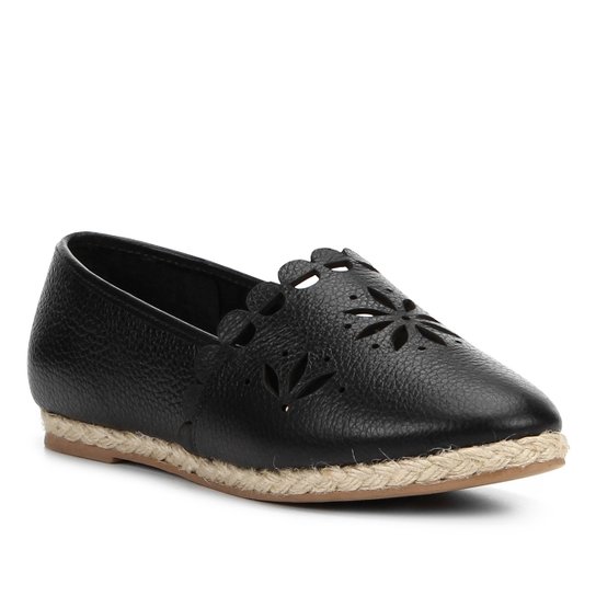 Sapatilha Couro Shoestock Espadrille Flat Flor Feminina - Preto
