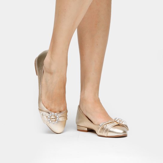 Sapatilha Couro Shoestock Pedraria Dolce Feminina - Dourado