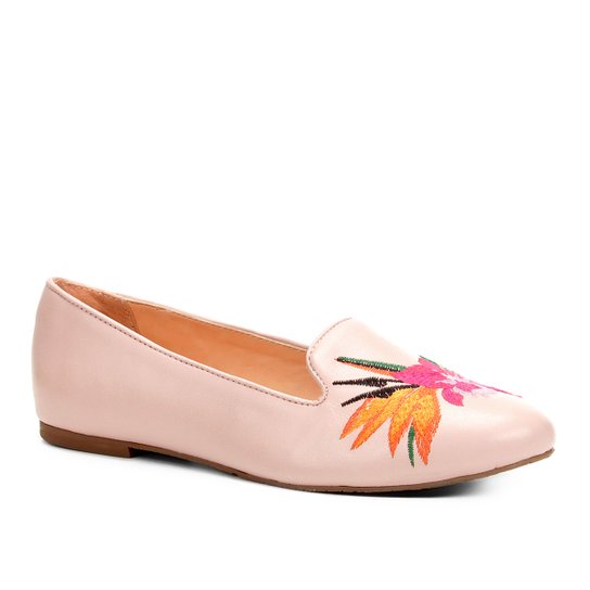 Sapatilha Couro Shoestock Slipper Bordado Floral Feminina - Rosa Claro