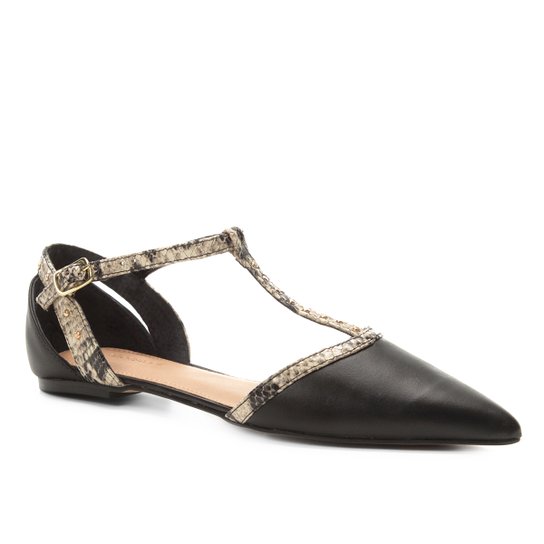 Sapatilha Couro Shoestock Snake Tachas Feminina - Preto+Bege