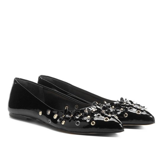 Sapatilha Shoestock Bico Fino Flores Feminina - Preto
