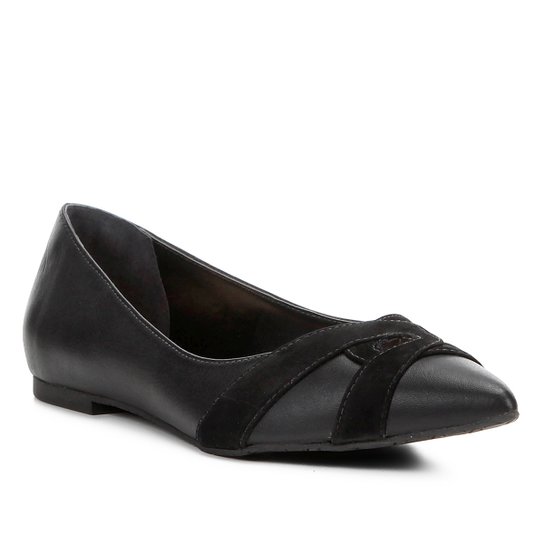 Sapatilha Shoestock Bico Fino Mix Couros Feminina - Preto