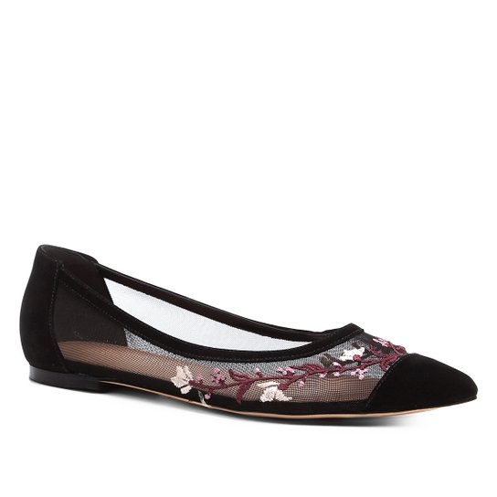 Sapatilha Shoestock Bico Fino Tela Bordado Feminina - Preto