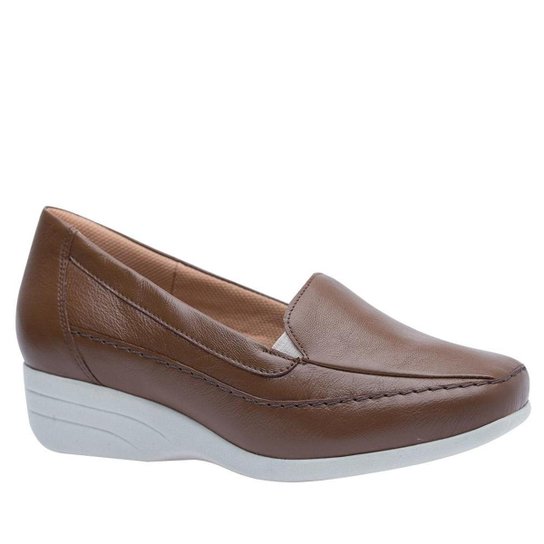 Sapato Conforto Doctor Shoes Anabela Couro Feminino - Marrom