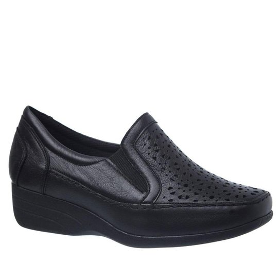 Sapato Conforto Doctor Shoes Anabela Couro Soft Feminino - Preto