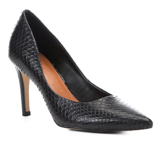Scarpin Couro Shoestock Alto Bico Fino Snake - Preto
