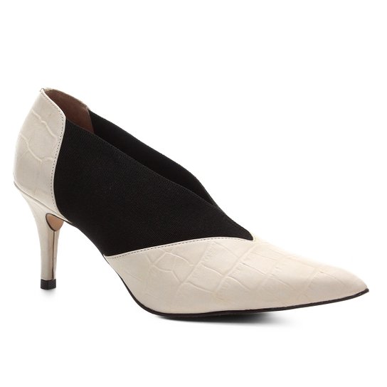 Scarpin Couro Shoestock High Vamp Croco Elástico - Off White