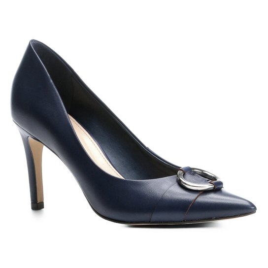 Scarpin Couro Shoestock Salto Alto Argola - Marinho