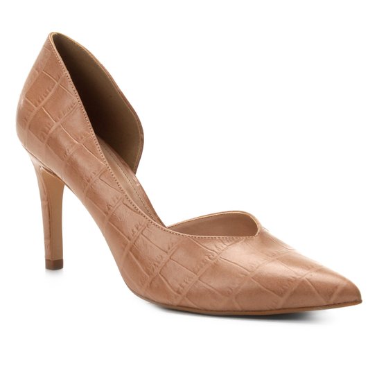 Scarpin Couro Shoestock Salto Alto Croco High Vamp - Nude