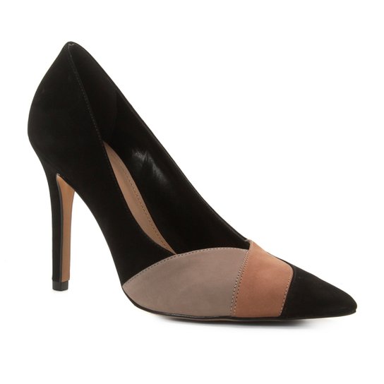 Scarpin Couro Shoestock Salto Alto Nobuck Recortes - Preto+Nude