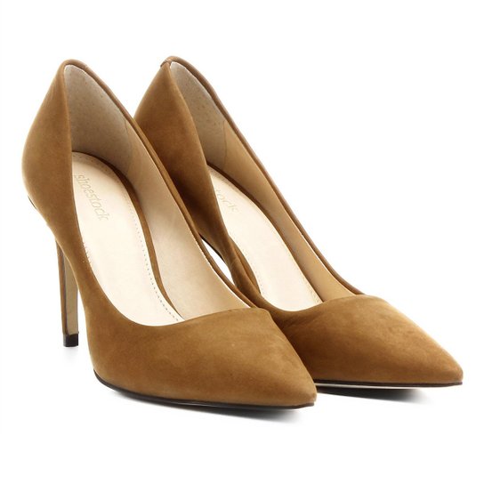 Scarpin Couro Shoestock Salto Alto Nobuck - Caramelo