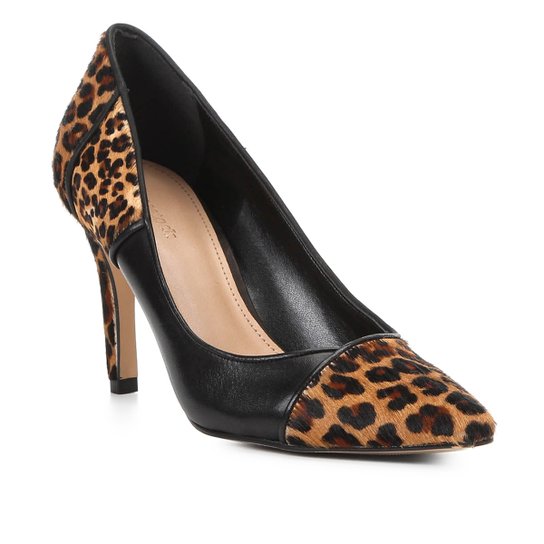 Scarpin Couro Shoestock Salto Alto Onça Wild - Caramelo+Preto