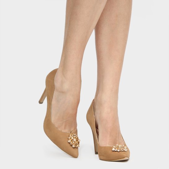 Scarpin Couro Shoestock Salto Alto Pedraria - Nude