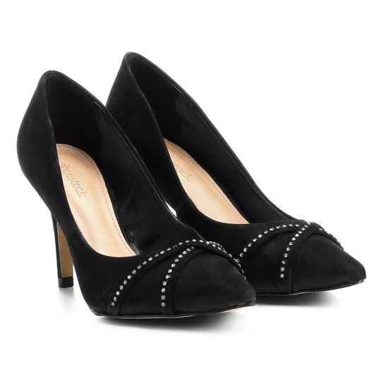 Scarpin Couro Shoestock Salto Alto Tira Strass - Preto