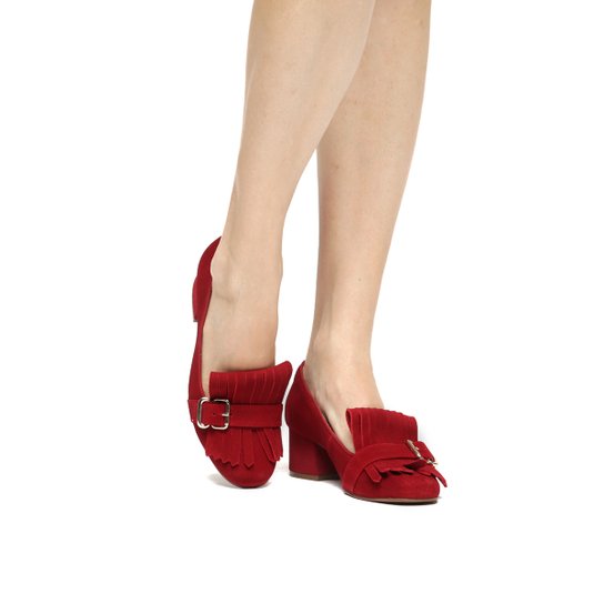 Scarpin Couro Shoestock Salto Médio Franja - Vermelho