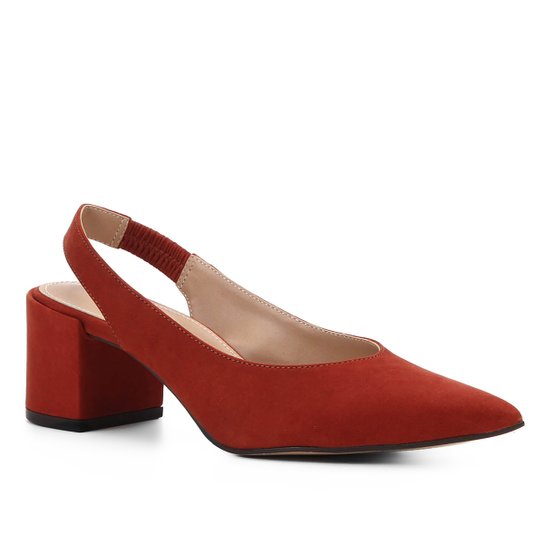 Scarpin Couro Shoestock Slingback Salto Baixo - Caramelo