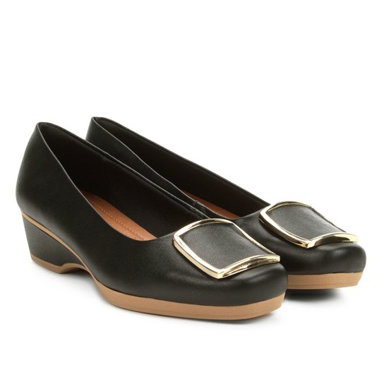 Scarpin Couro Usaflex Salto Baixo Fivela - Preto
