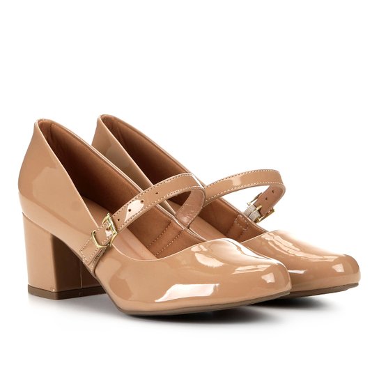 Scarpin Griffe Salto Médio Grosso Boneca Verniz - Nude
