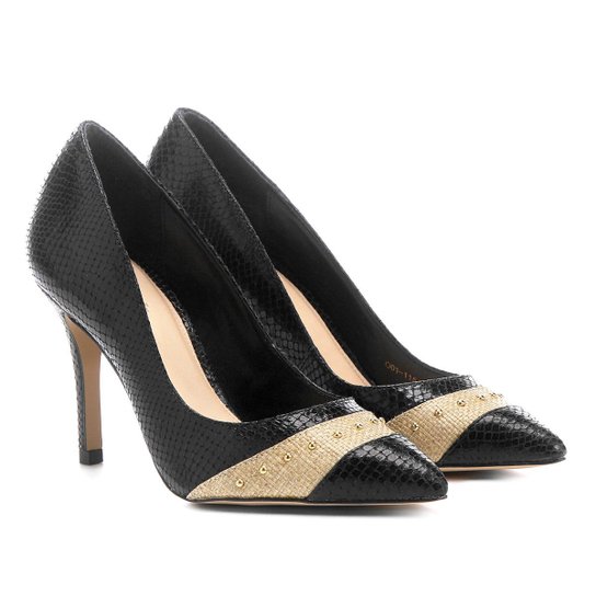 Scarpin Shoestock Salto Fino Cobra - Preto+Bege