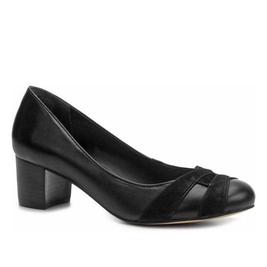 Scarpin Shoestock Salto Grosso Mix Couros - Preto