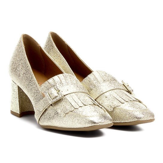 Scarpin Zatz Salto Grosso Franja Fivela - Dourado