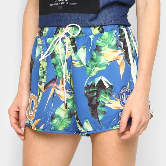 Short Lança Perfume Folhagem Boxer Feminino - Azul+Verde