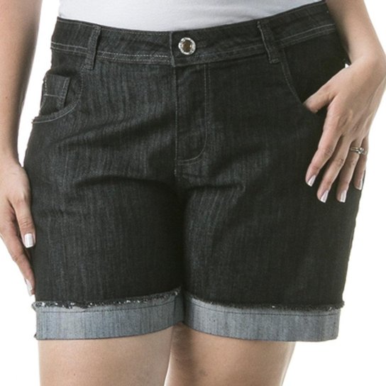 Shorts Feminino Jeans Barra Dobrada Casual Plus Size - Preto