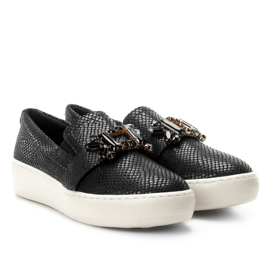Slip On Couro Jorge Bischoff Flatform Aplique Pedrarias Feminino - Preto