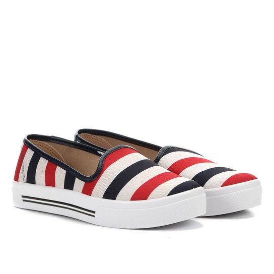 Slip On Moleca Flatform Listrada Feminino - Marinho+Vermelho