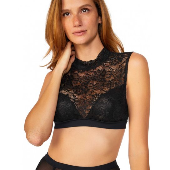 Sutiã Amaro High Neck Renda Com Tule - Preto