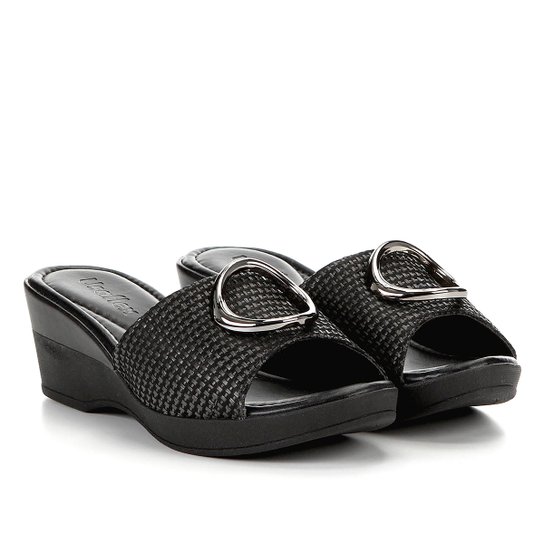 Tamanco Anabela Usaflex Fivela Metálica Feminino - Preto+Chumbo