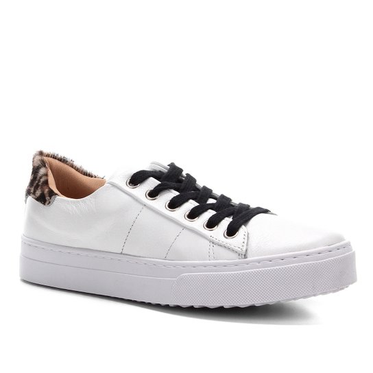 Tênis Couro Shoestock Animal Print Feminino - Branco+Cinza